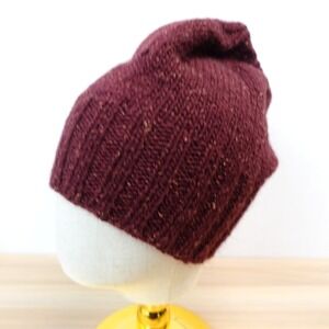 Wool Beanie Handmade Knit Hat Red Burgundy Speckled Tweed Winter Artisan NEW